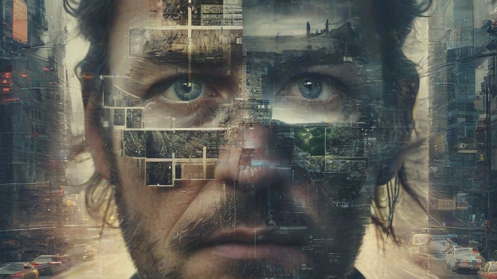 Double exposure portrait of a bearded man with long dark hair, his face overlaid with city streets and digital grids, evoking a futurist's take on crypto