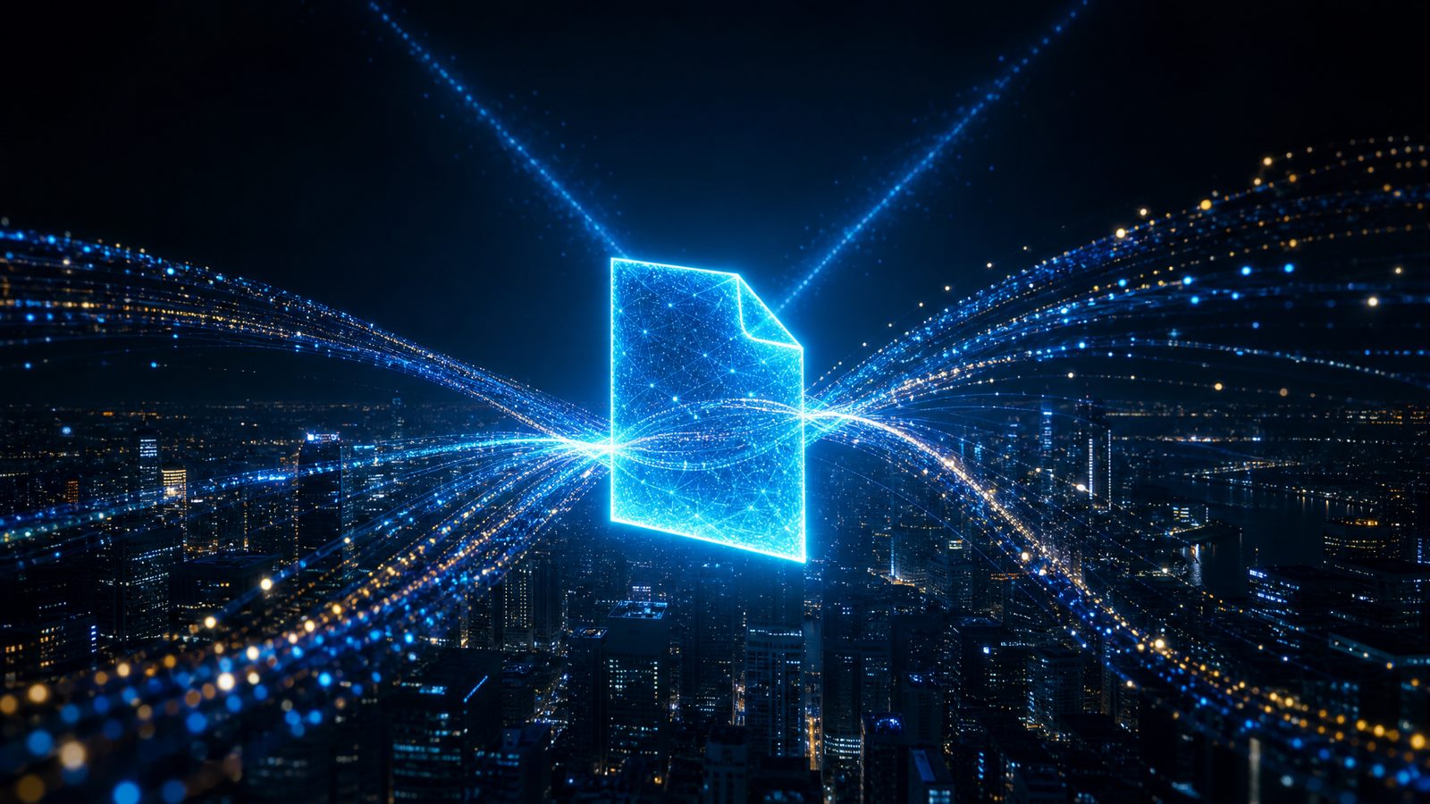 Glowing blue document icon floating above a night city skyline as streams of light particles flow through it, evoking an open letter to X Money