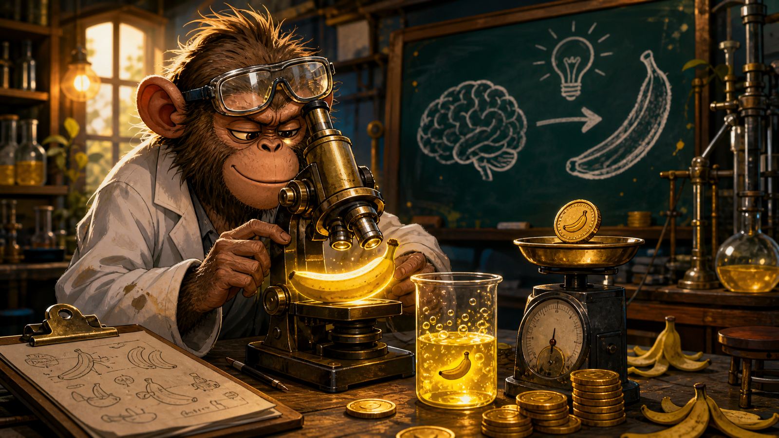 Cartoon monkey in a lab coat studying a glowing banana under a microscope beside gold coins, illustrating Banano's Alzheimer's research