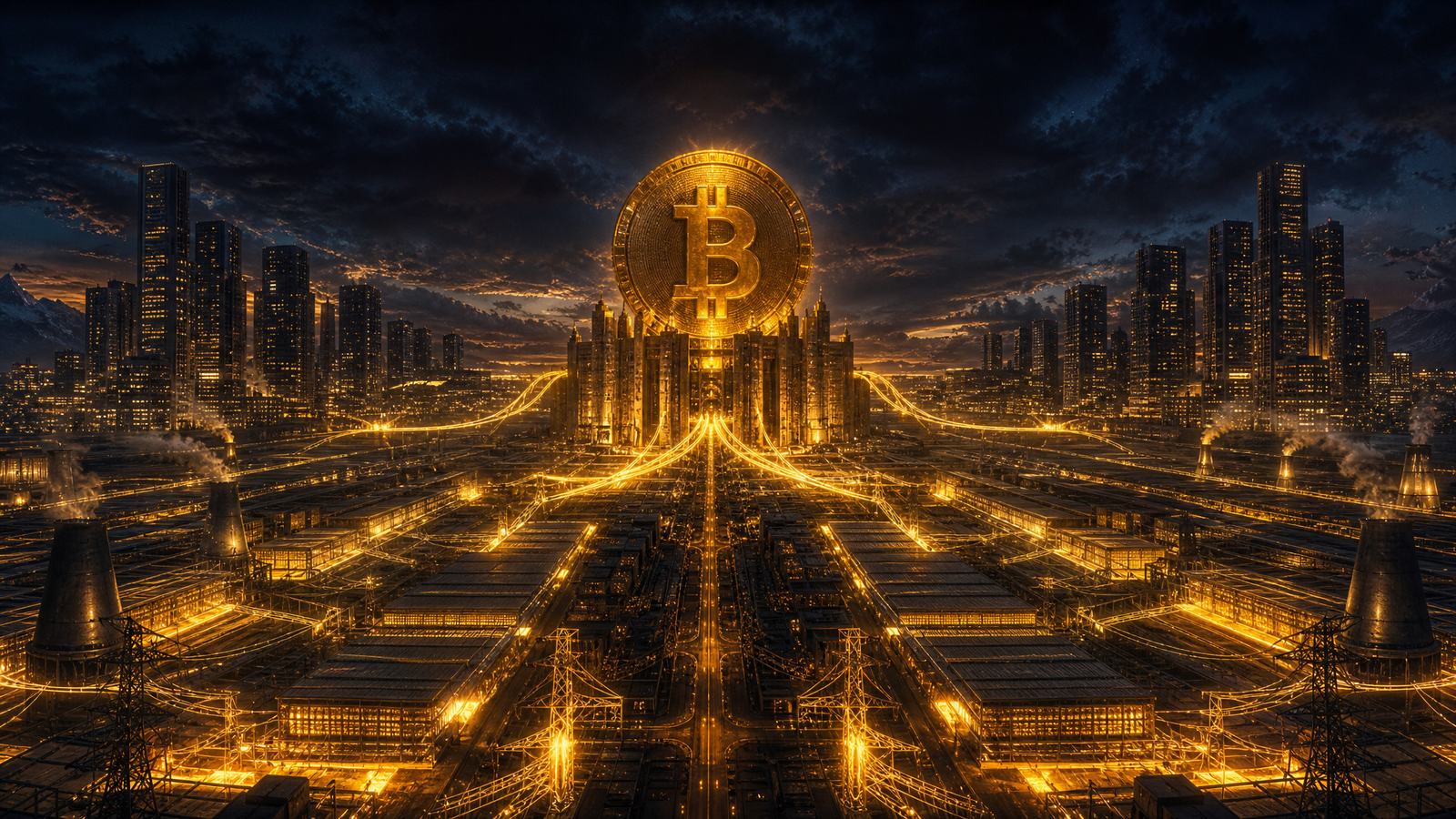 Giant glowing golden Bitcoin coin towering over a night city and a vast industrial complex of power lines and smokestacks, picturing the Bitcoin empire