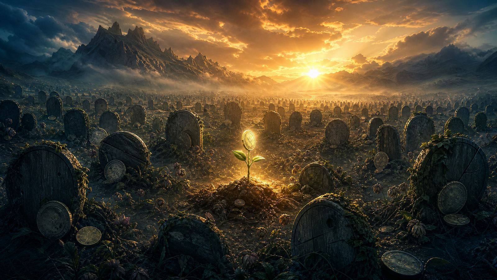 Glowing coin on a green seedling sprouting amid a field of coin shaped tombstones at sunrise, showing dead tokens and why crypto is still early