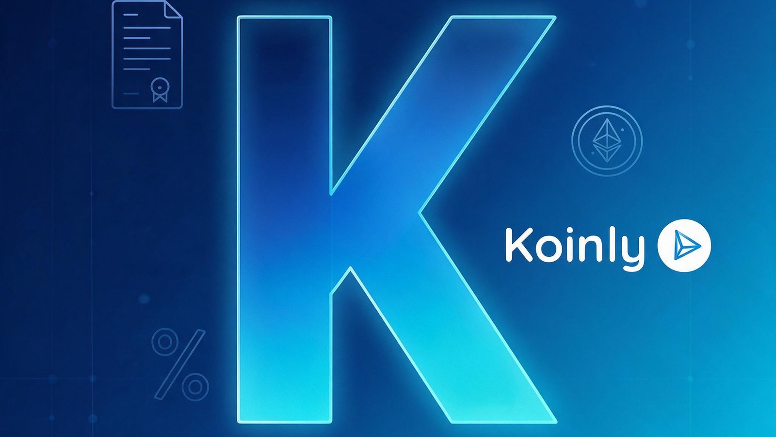 Large glowing blue letter K beside the white Koinly logo, with faint tax document, percent sign and Ethereum coin icons on a blue background