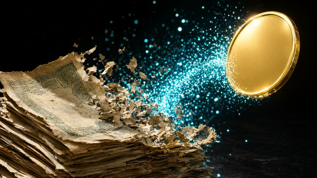 Crumbling stack of old banknotes dissolving into teal sparkles that drift toward a shiny gold coin, contrasting weak fiat currencies with crypto