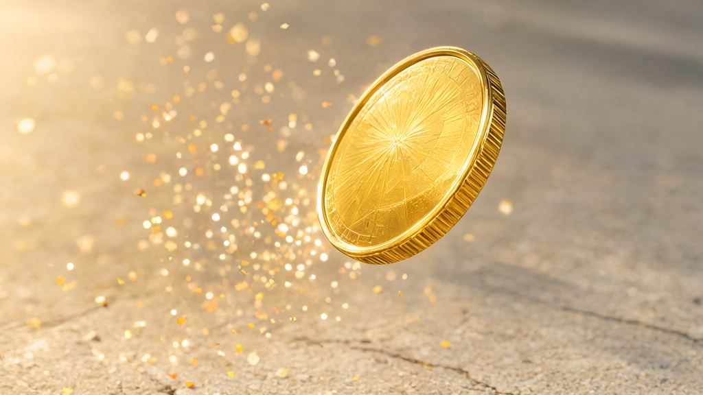Plain gold coin with a starburst pattern spinning in mid air over cracked pavement, trailing golden sparkles, for the Dogecoin story