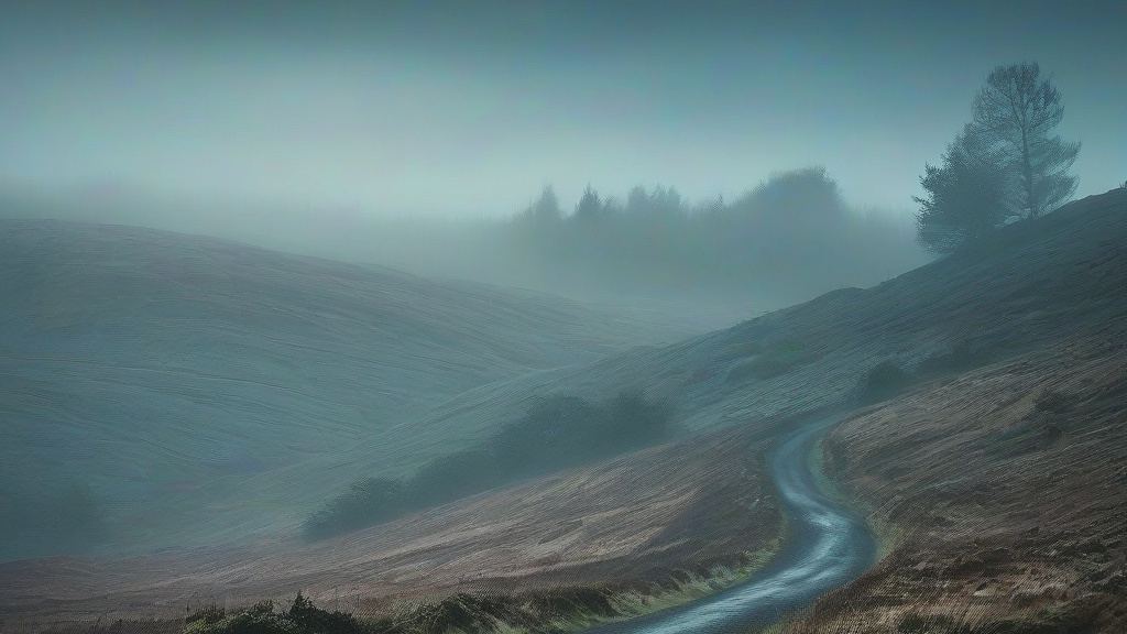 Winding wet road curving through misty rolling hills toward distant dark trees under a hazy sky, a lonely mood for Don't Be a Crypto Highlander