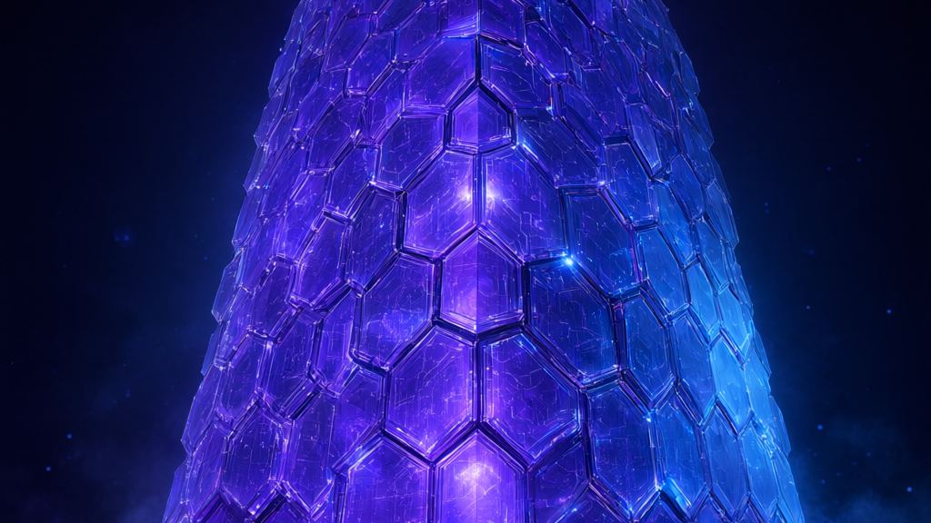 Tall glowing purple and blue tower covered in interlocking hexagonal glass panels against a dark starry sky, picturing Ethereum as a world computer