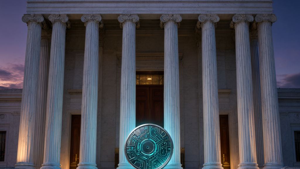 Marble government building with tall columns at dusk and a glowing teal circuit board coin in front, illustrating the GENIUS Act and stablecoin law