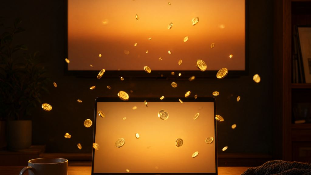 Golden coins floating in a dim room between a glowing wall screen and an open laptop beside a coffee mug, picturing getting paid in Nano to watch videos
