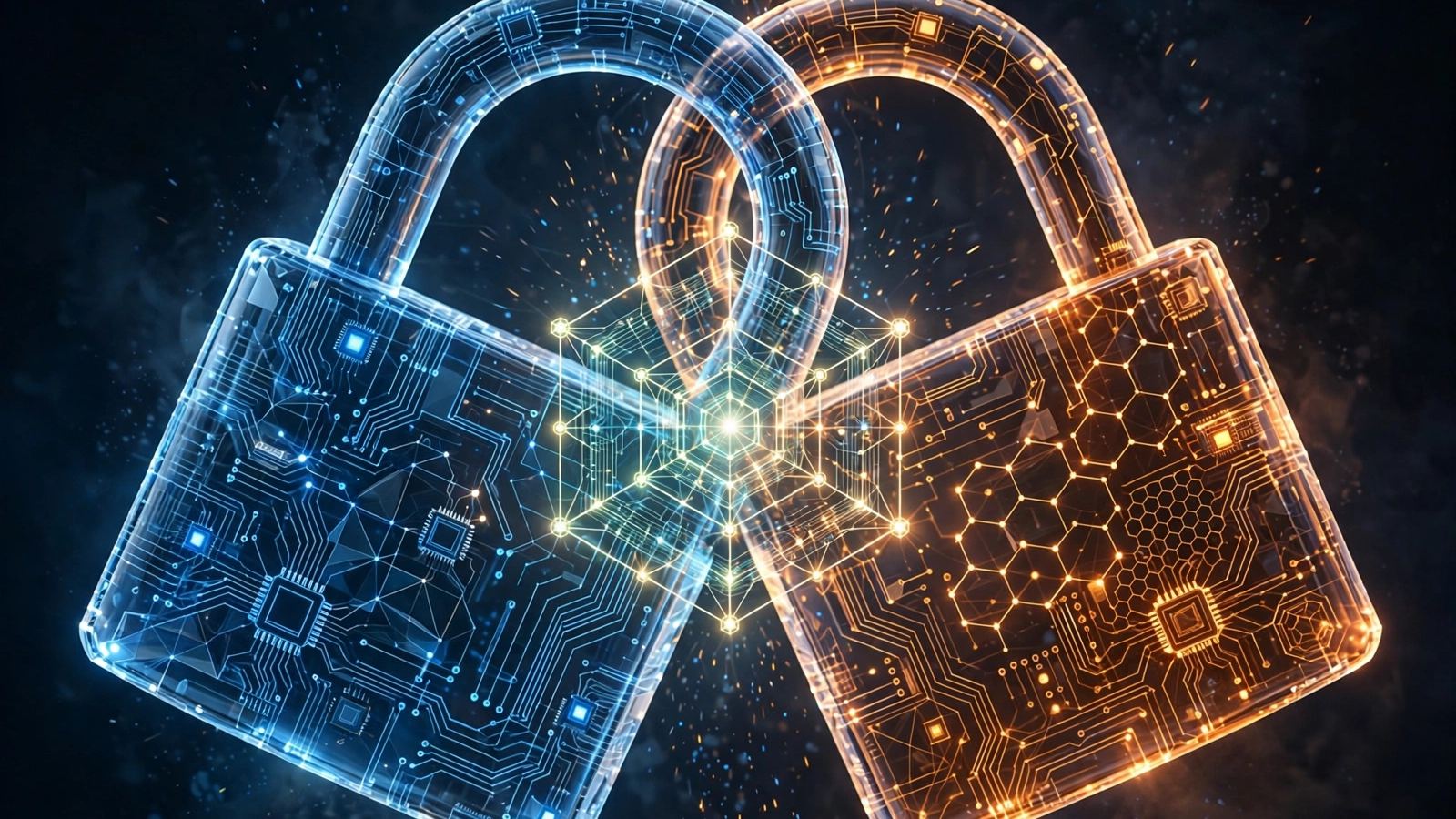 Two interlocked glass padlocks, one blue and one orange, with circuit patterns and a glowing hexagon network between them, for Nano's second node client