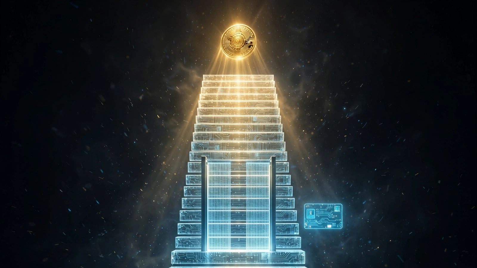 Glowing gold coin above a tall glass staircase etched with circuit lines, with a small holographic ID card nearby, illustrating how to buy crypto and KYC