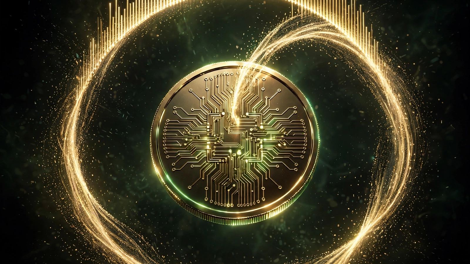 Circuit-engraved gold coin ringed by swirling streams of golden light and rising bar-like lines on a dark green background, suggesting HYPE's revenue buyback