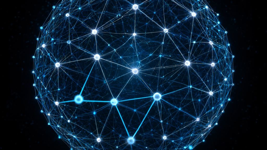 Glowing blue spherical web of connected nodes on a black background, a few bright nodes linked in a path, evoking the Internet Computer network