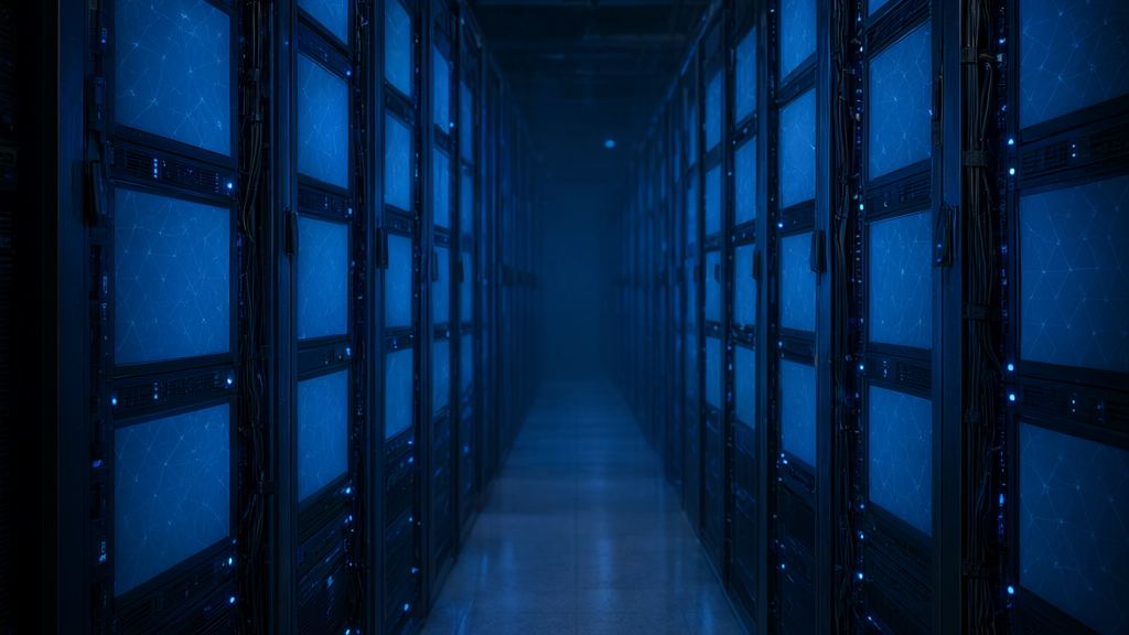 Dim blue corridor of server racks stretching into darkness, each rack door showing a faint network pattern, evoking the Dead Internet Theory