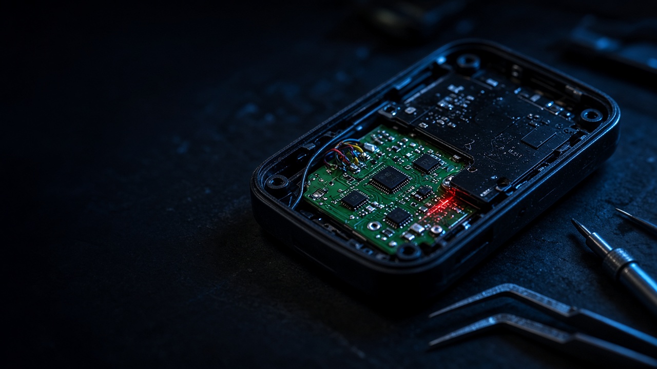 Hardware wallet with its back removed on a dark workbench, a small green circuit board with colored wires tucked inside beside the main board, a red glint on the board, and tweezers and a screwdriver nearby