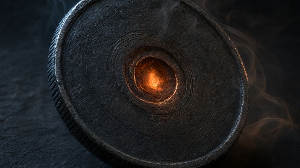 Close-up of a dark, scarred metal coin with a molten orange glow at its center and wisps of smoke, conveying Monero's shadowy privacy and twelve-year history