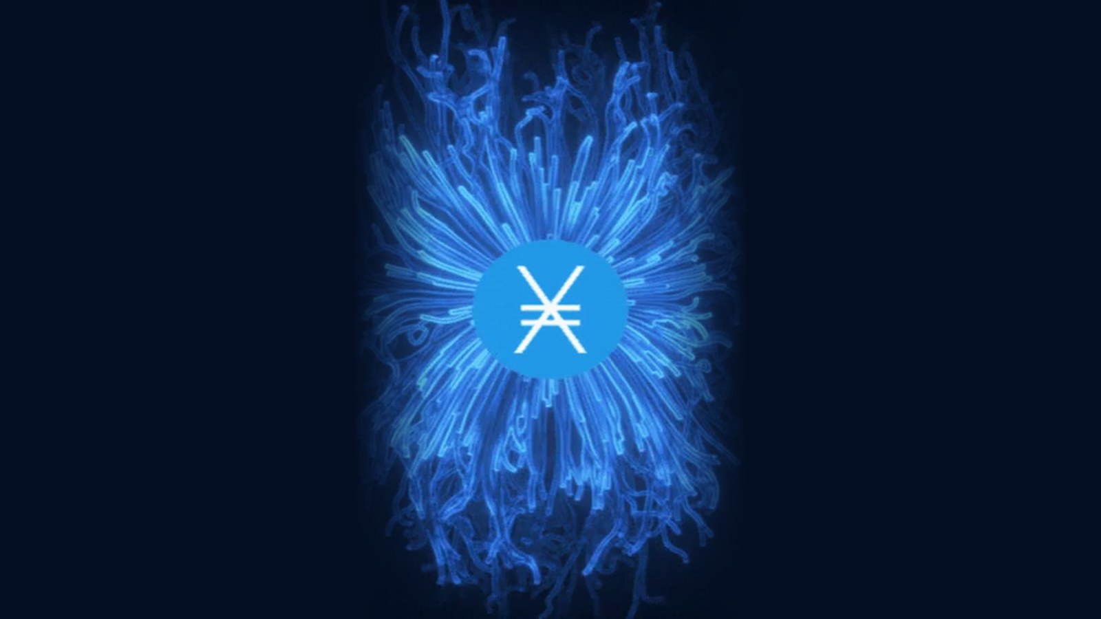 White Nano logo on a bright blue circle at the center of a dense burst of glowing blue filaments on dark navy, showing a self-sustaining Nano network