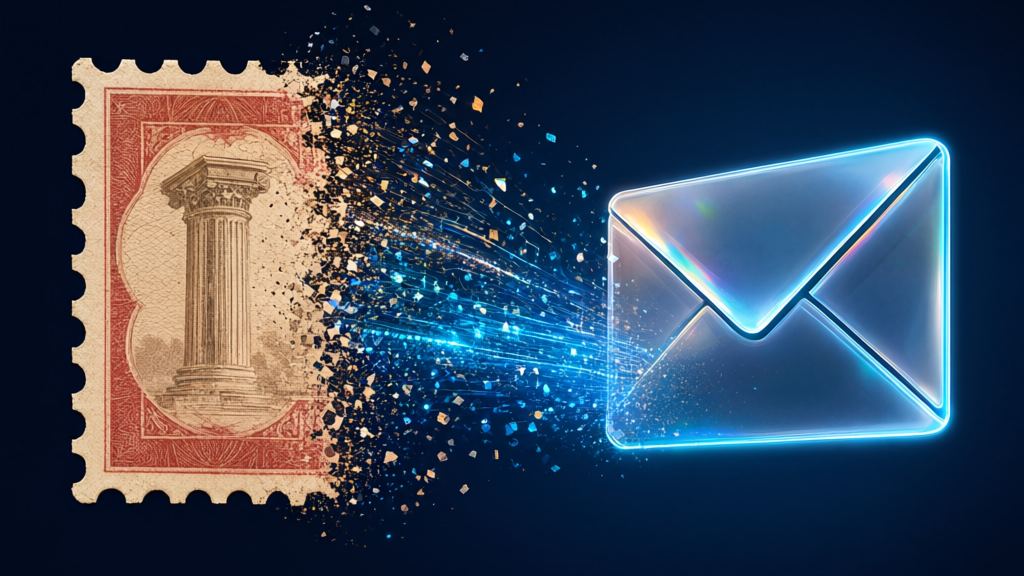 Old red postage stamp with a classical column crumbling into glowing particles that stream toward a luminous glass envelope, Nano as email is to mail
