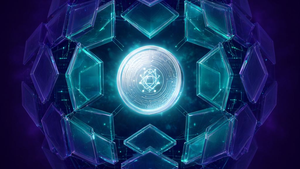 Glowing silver coin with a geometric emblem inside a ring of translucent teal and purple glass shards, representing crypto defended against Q-Day