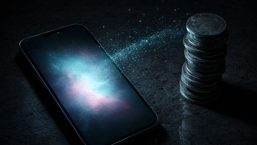 Smartphone on a dark textured surface with a nebula glow on its screen, as sparkling particles drift toward a tall stack of coins, hinting at paid shilling