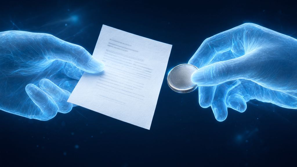 Two glowing blue translucent hands, one holding a paper with faint text and the other a silver coin, as if trading them, illustrating a smart contract