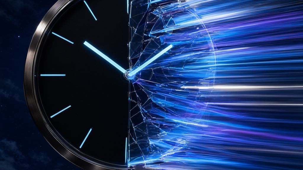 Glowing blue clock hands on a black dial that shatters into streaking blue light, evoking Solana's idea of timestamping data