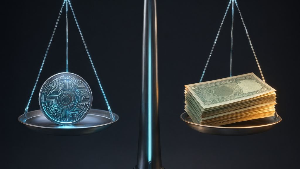 Balance scale holding a circuit-patterned coin on one pan and a stack of dollar bills on the other, illustrating what backs a stablecoin