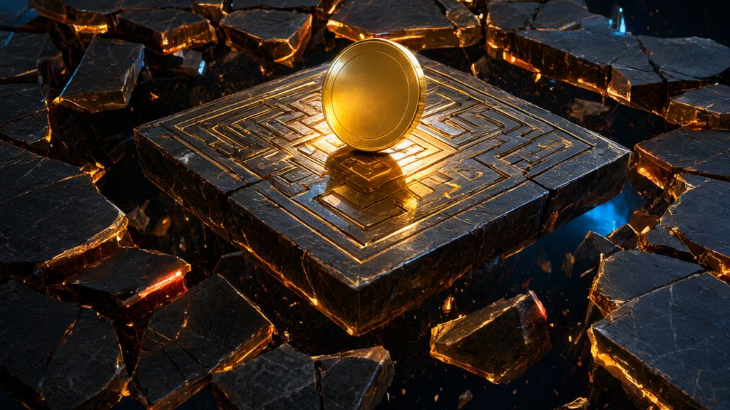 Single gold coin standing on a maze-etched stone slab surrounded by cracked, glowing black rubble, suggesting a rug pull collapsing