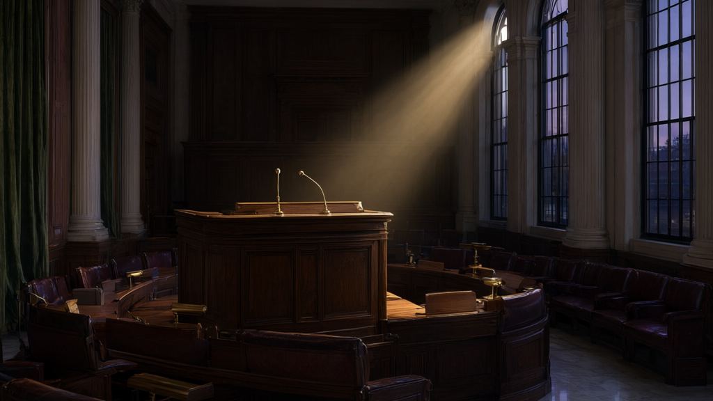 Empty Senate-style chamber with a wooden podium, two microphones and curved empty seats lit by one shaft of light, after the CLARITY Act failed