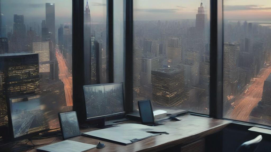 Quiet corner office with monitors and papers on a desk facing floor-to-ceiling windows over a dusk city skyline, for the CLARITY Act vote