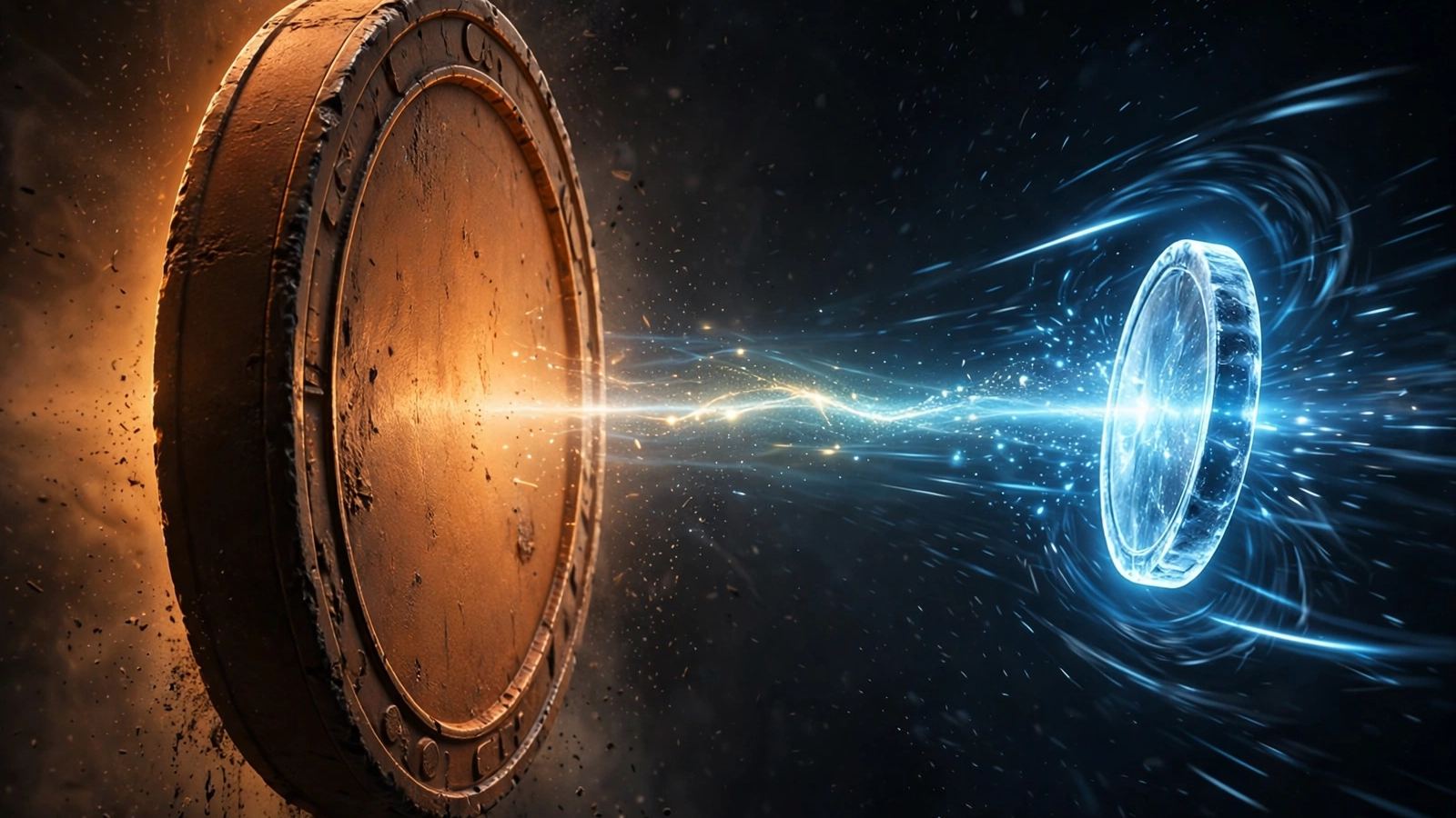 Large weathered copper coin on the left sends a beam of sparks toward a small glowing blue crystal coin, a Bitcoin and Nano hypothetical