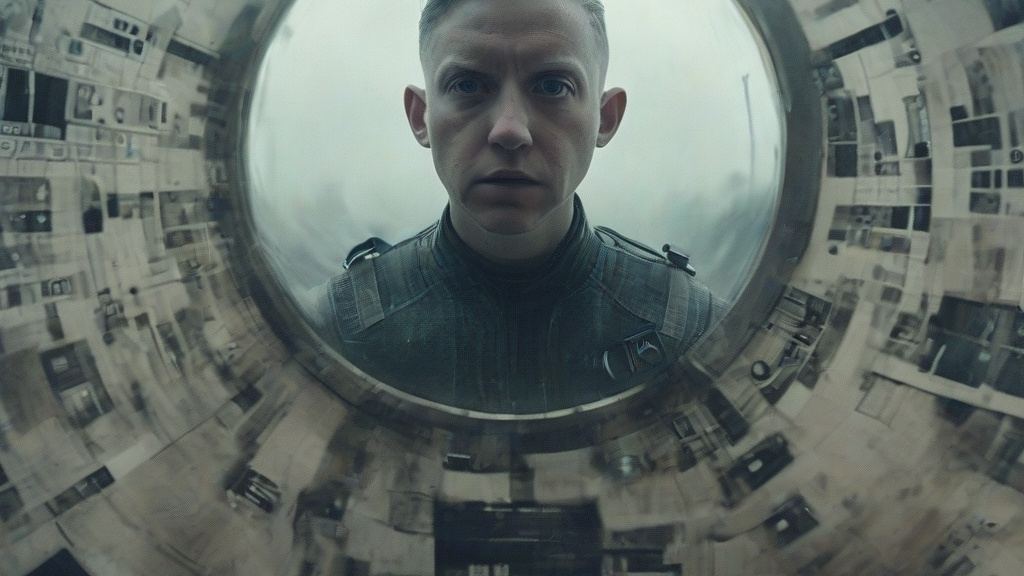 Illustrated figure with a shaved head and dark high-collared suit gazes out from a round porthole framed by a cluttered metallic wall, Nano on Mars