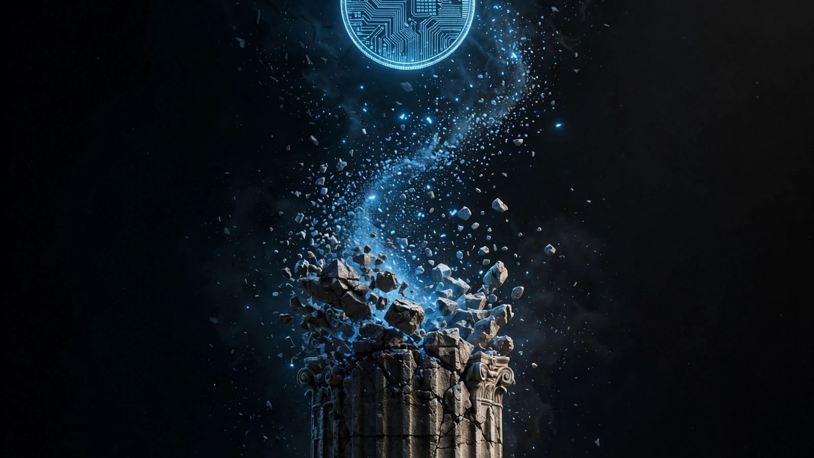Glowing blue circuit-pattern coin hovers above a cracked stone column that bursts into rubble and blue sparks, a nation adopting Nano as currency