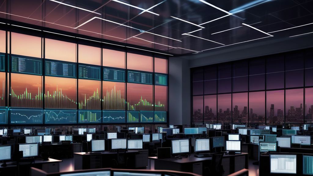 Dimly lit trading floor with rows of desks and monitors beneath a wall of price charts, with a city skyline at dusk, for the first managed crypto ETF