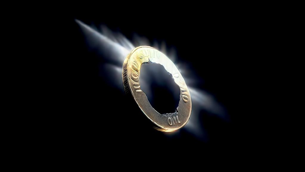 Tarnished gold coin tilted in the dark with a jagged hole torn through its center and pale light streaking behind it, symbolizing SafeMoon's collapse