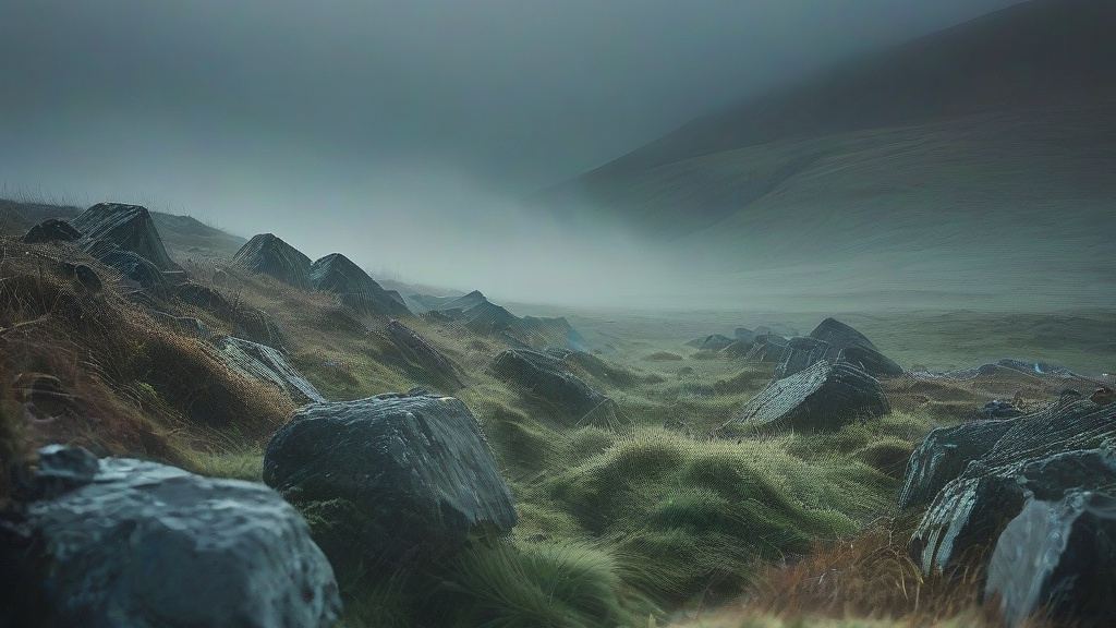 Misty green highland moor with three large dark boulders in the foreground and more stones fading into fog, a stand-in for Bitcoin, Monero and Nano