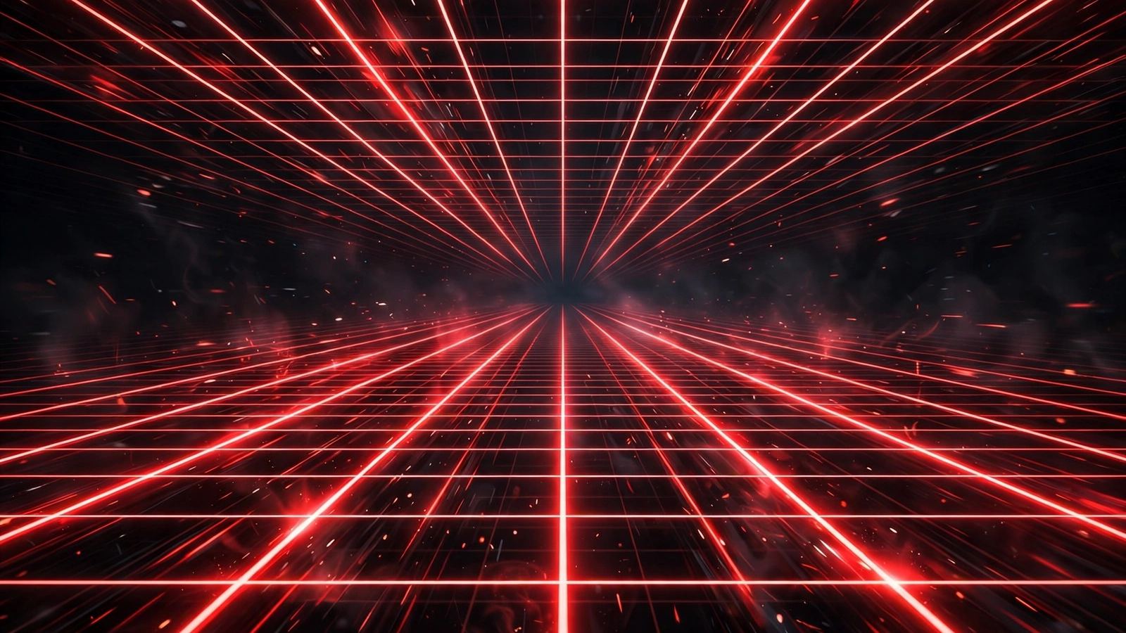 Glowing red neon grid lines race toward a dark vanishing point amid drifting embers, giving a high-speed network feel for the TRON blockchain