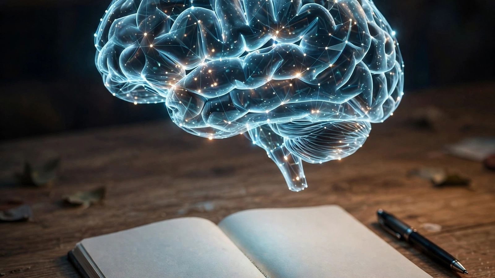 Glowing translucent brain filled with sparkling network nodes floating above an open blank notebook and pen, illustrating the profile of Vitalik Buterin