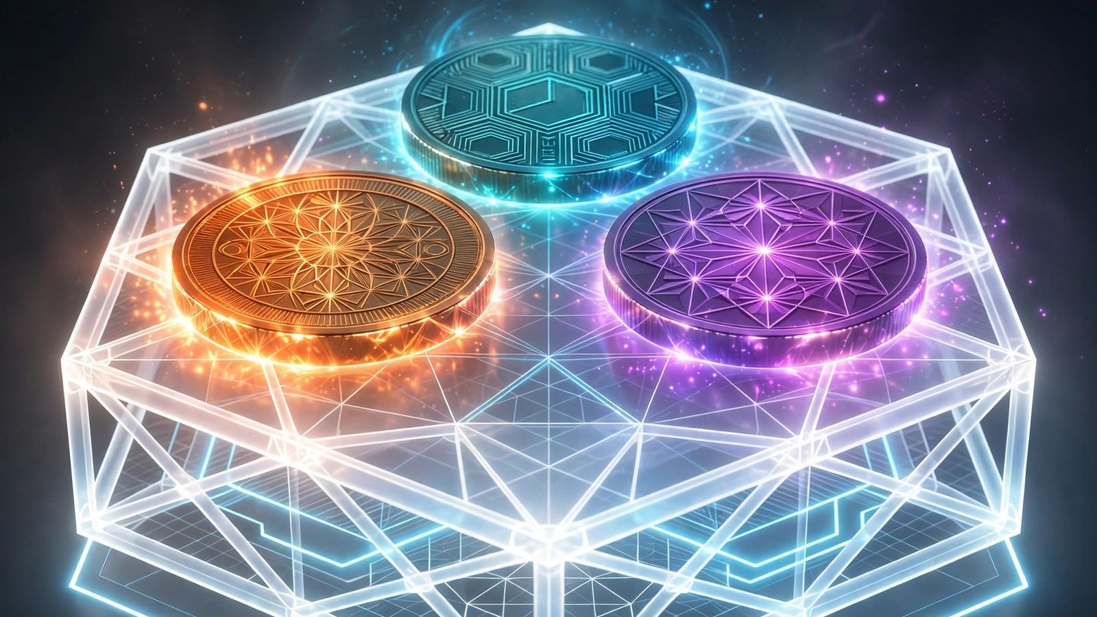 Three glowing coins in orange, teal and purple resting on a translucent geometric lattice platform, picturing Bitcoin, Ethereum and XRP built on Nano