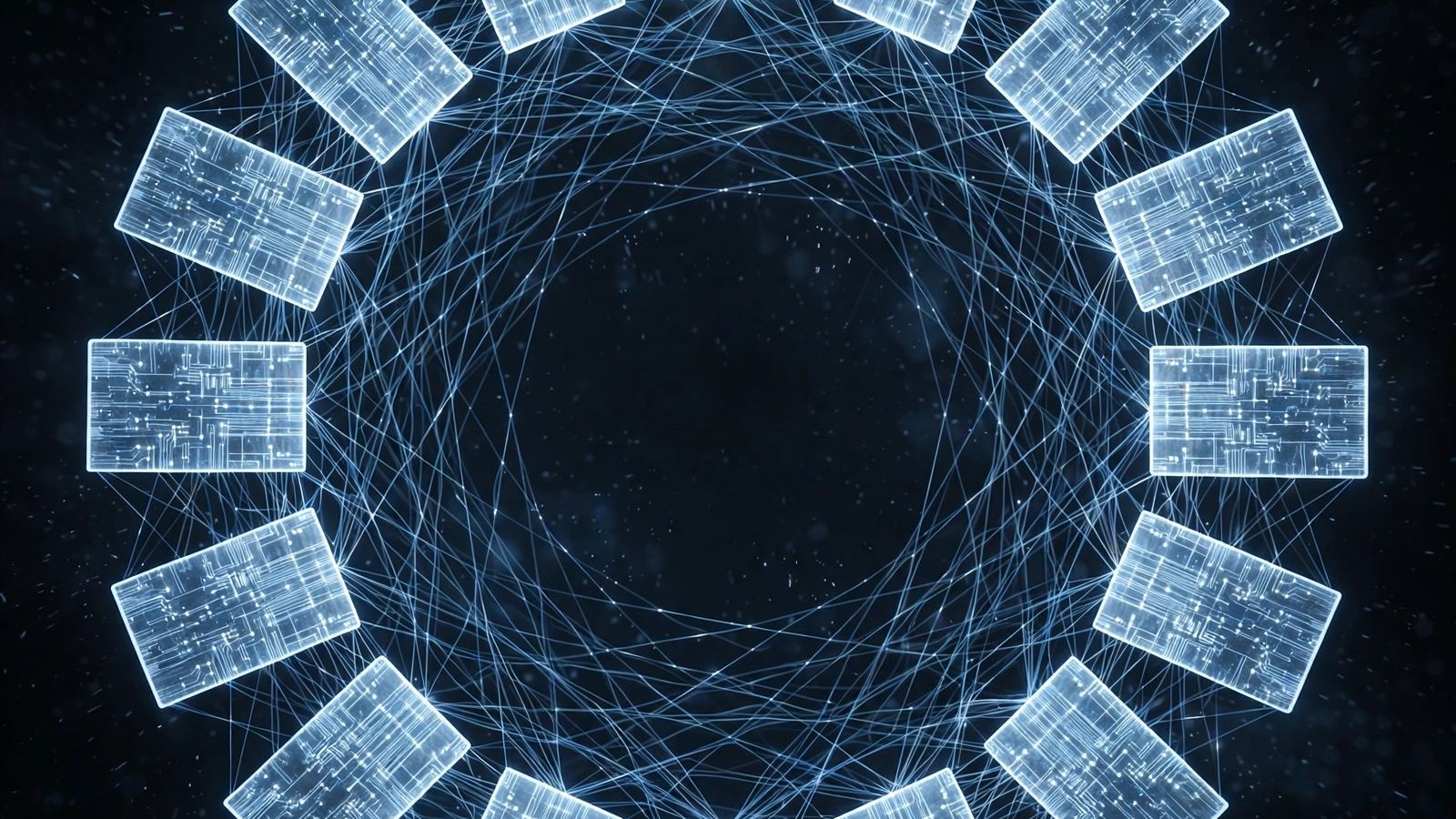 Ring of glowing circuit-patterned blocks joined by a web of thin blue lines around a dark center, showing decentralized networks in what cryptocurrency is