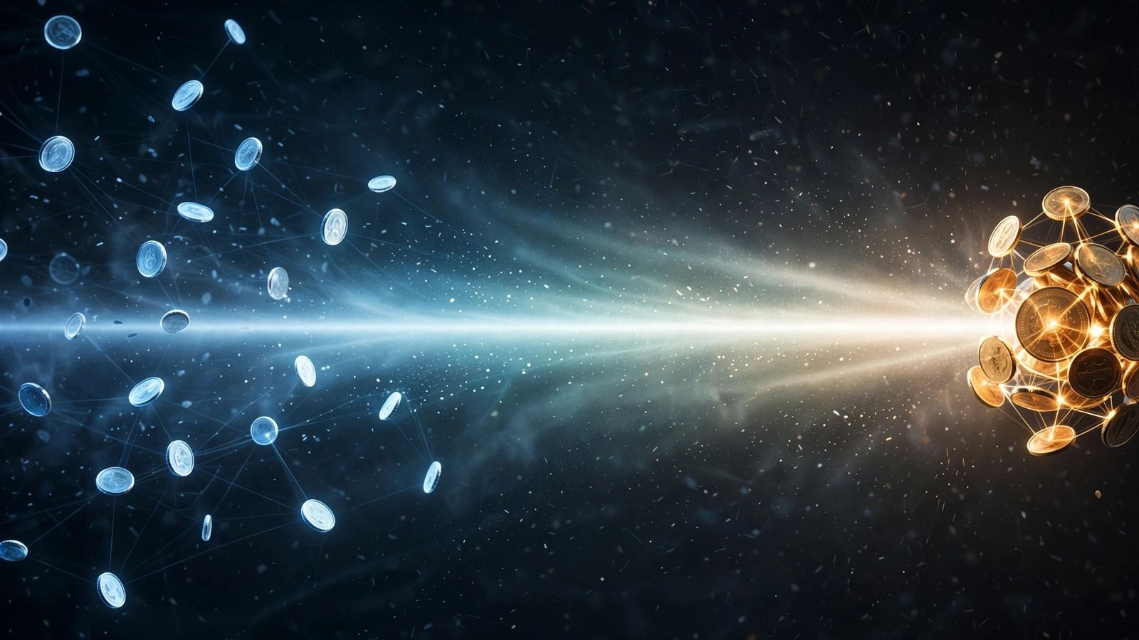 Pale blue coins scattered at left stream along a bright beam of light toward a glowing golden cluster of linked coins, showing different types of cryptocurrency