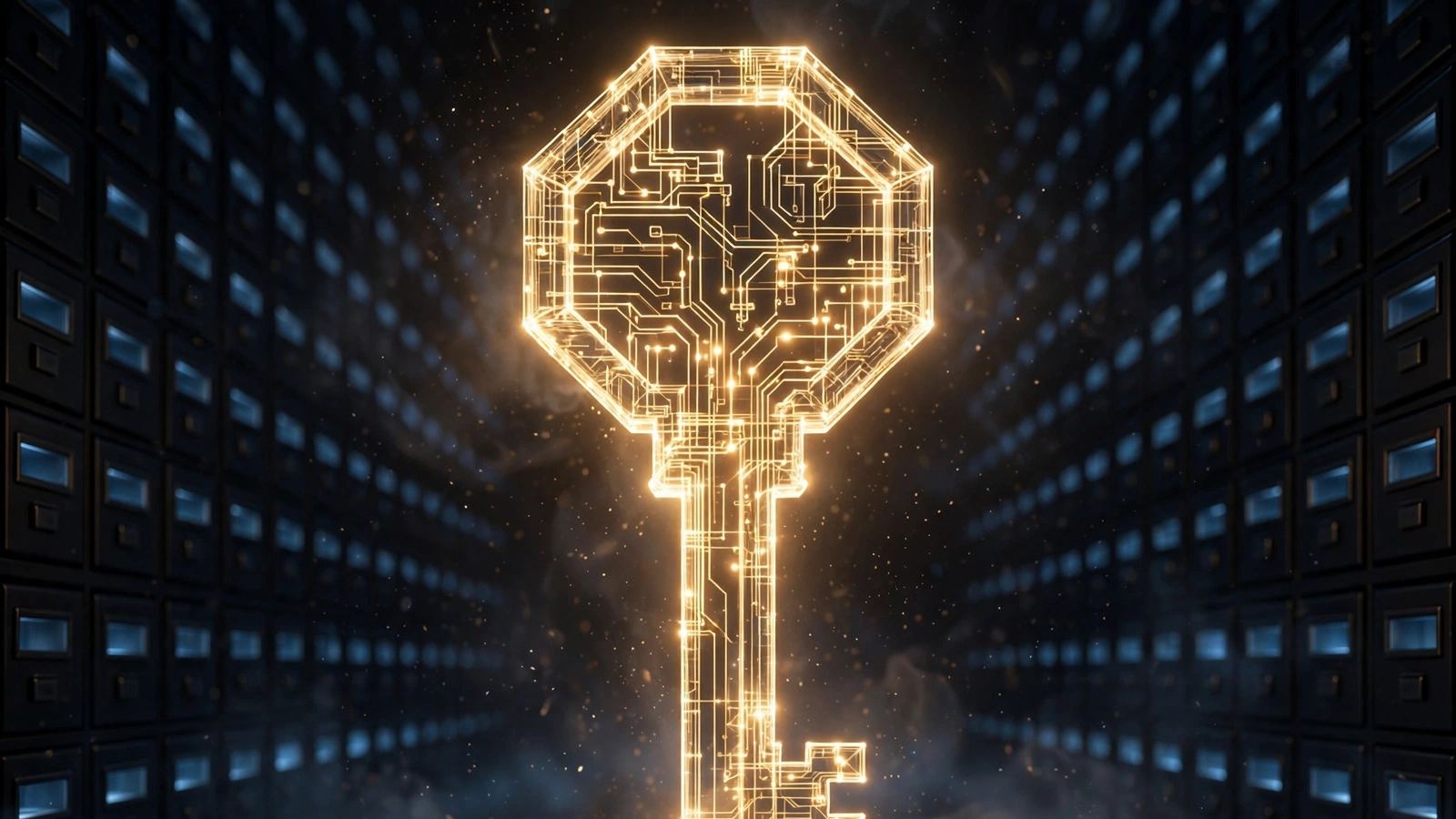 Giant glowing golden key with a circuit-board pattern in front of rows of dark storage drawers, symbolizing a crypto wallet and its private keys