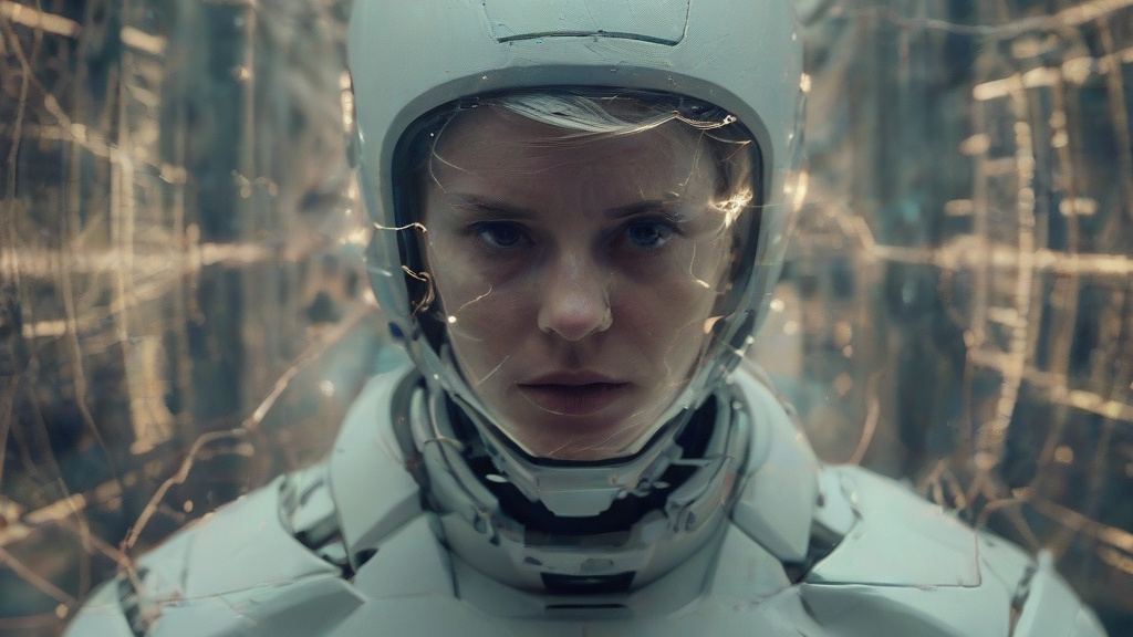 Close-up of a pale, serious figure in a white helmet and armored suit, surrounded by glowing golden wires, evoking an AI choosing a currency