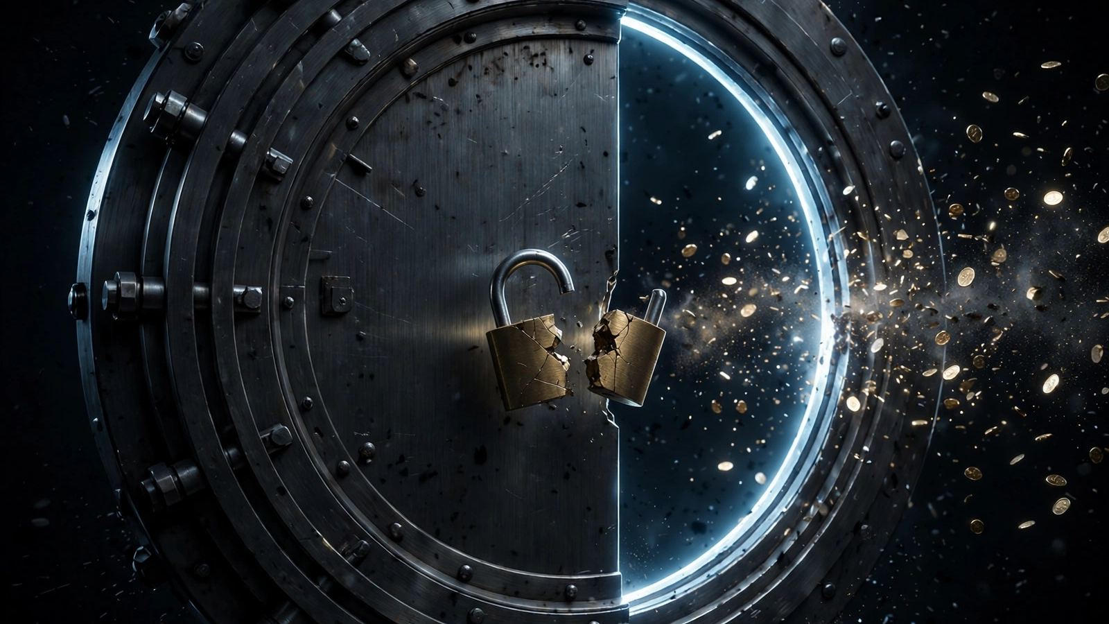 Heavy steel vault door ajar with a cracked brass padlock broken in two as coins spill out into the dark, symbolizing a crypto exchange collapse
