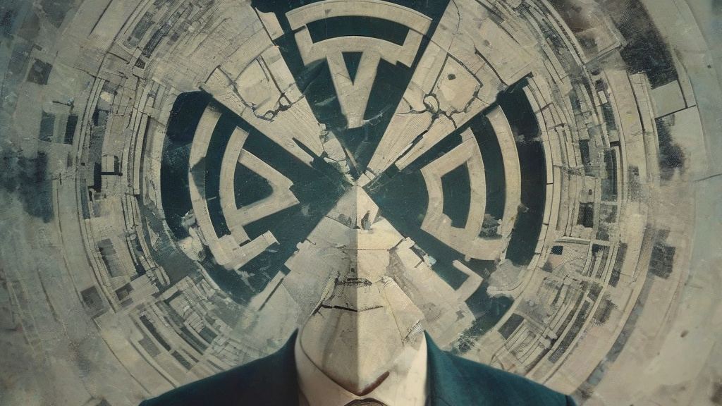 Faceless figure in a suit and tie whose head is replaced by a cracked, circular maze-like pattern, illustrating who could take over a crypto network