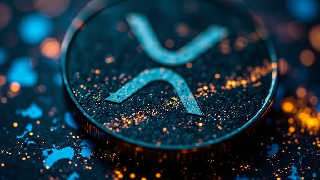 Close-up of a dark coin embossed with a stylized X symbol, dusted with glowing gold and blue specks, for the explainer on XRP and Ripple