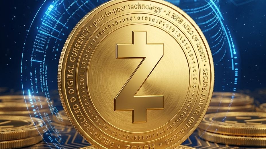 Gold Zcash coin with a large letter Z, ringed by binary digits and the words digital currency, peer-to-peer technology, secure private untraceable
